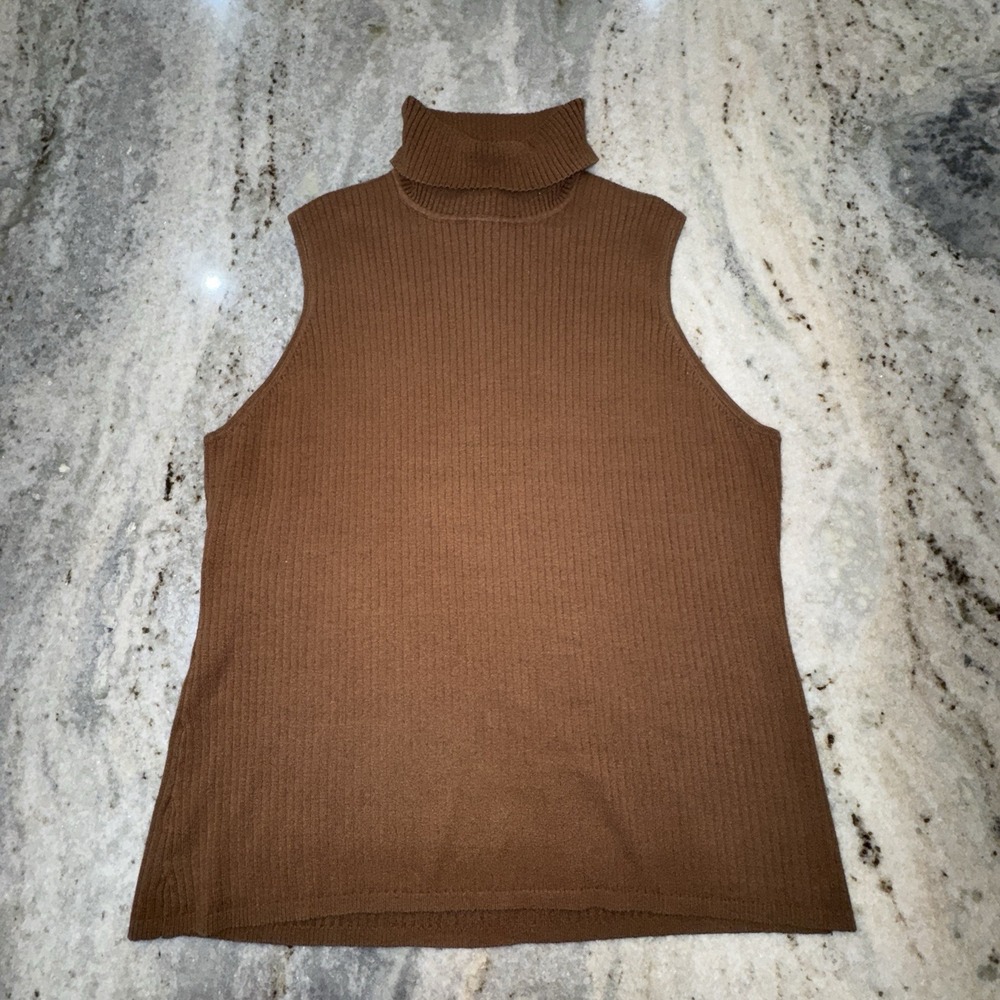 Chicos Sleeveless Turtleneck Top Brown Rubbed Silk Blend Size 3 Women's L